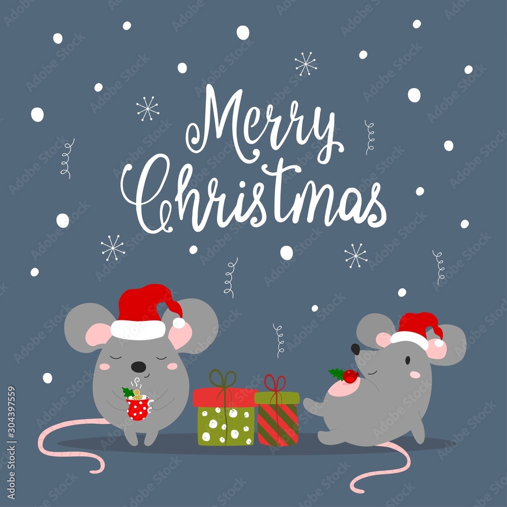 Greeting card with cute rats, symbol of 2020 year. Chinese New Year. Lettering Merry Christmas. Vector illustration.