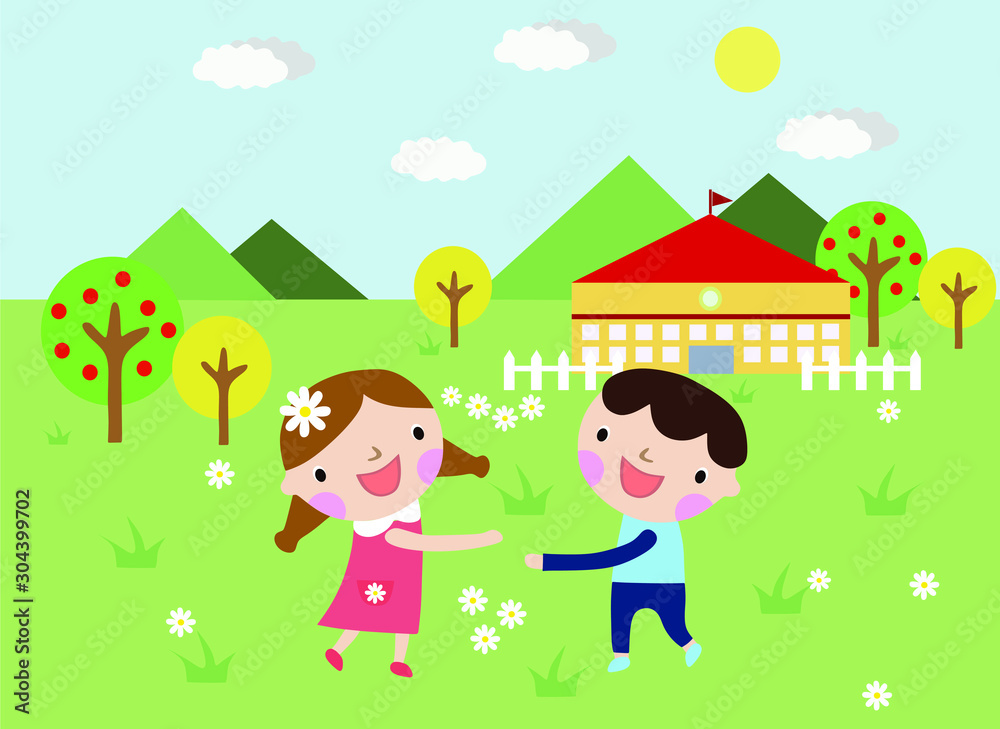 children playing near the house, cartoon children's world, children's characters children playing near the house, cartoon children's world, children's characters