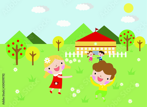 children playing near the house  cartoon children s world  children s characters