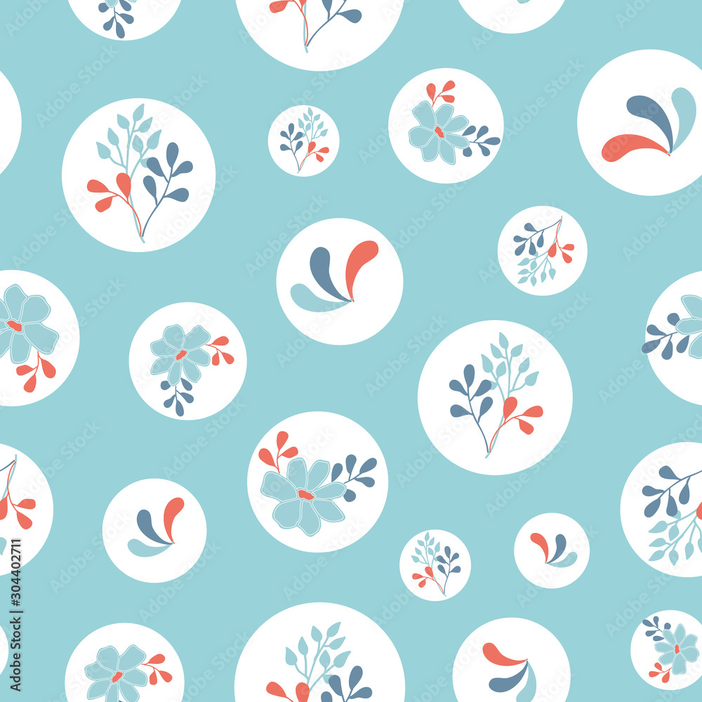 Teal/Turquoise Pattern with Motifs in white Circles. Seamless Print Pattern