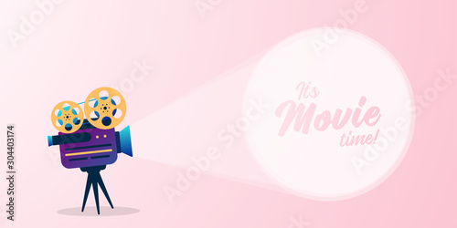 Lovely movie time concept with film projector and text area with sample title in bright colors. Vector illustration.