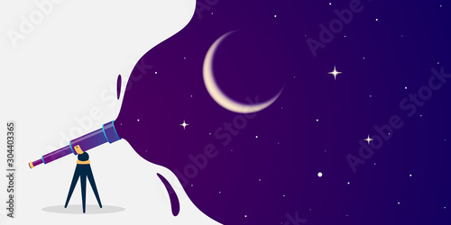 Look through the telescope view of night stars sky with different colors flat vector illustration of outer space background. Banner design photo