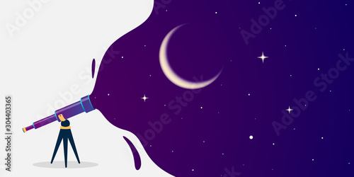Look through the telescope view of night stars sky with different colors flat vector illustration of outer space background. Banner design