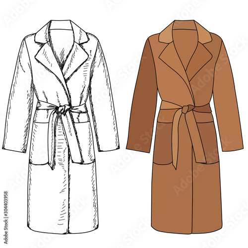  white background, brown autumn women coat with sketch