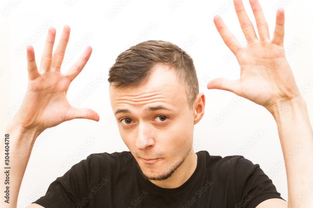 emotion hugging face, young man on a white background, human emoji emotion hugging face, young man on a white background, human emoji