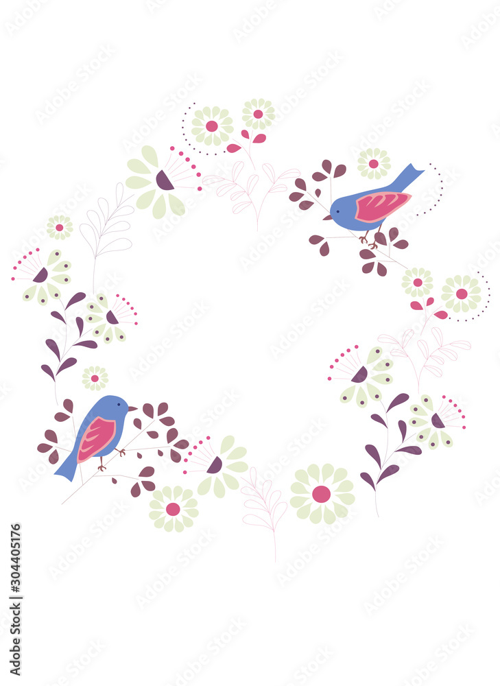 abstract background with birds and flowers (white, pink, purple, nude), vector illustration