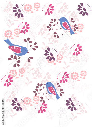abstract background with birds and flowers  white  pink  purple  nude   vector illustration