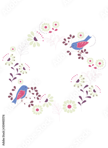 abstract background with birds and flowers (white, pink, purple, nude), vector illustration