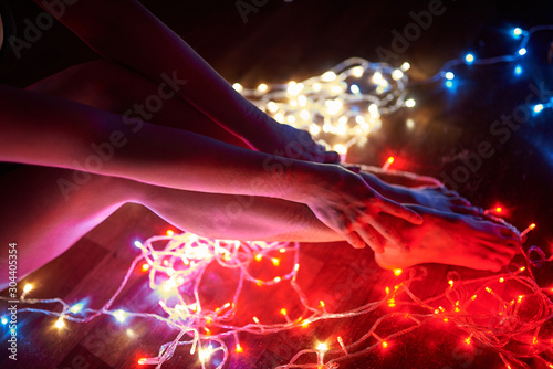 Shibari in the light of many lights. Domination over beautiful blonde