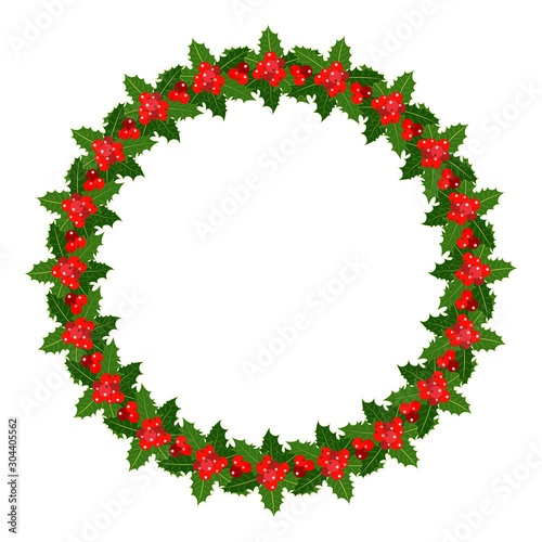 Holly leaves berries wreath Christmas frame on white background with empty space for your text, design element. 