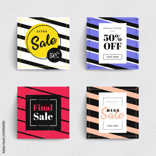 Set of sale social media box templates. Stripes covers design for your Facebook, Instagram or Twitter. Vector backgrounds. Applicable for banners, social media, flyers.