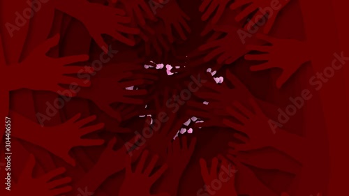 Red hand hole with pink heart symbol paper cut style