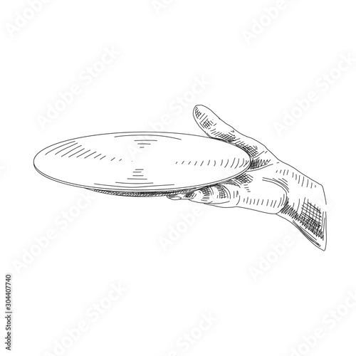 Hand holding plate hand drawn sketch illustration