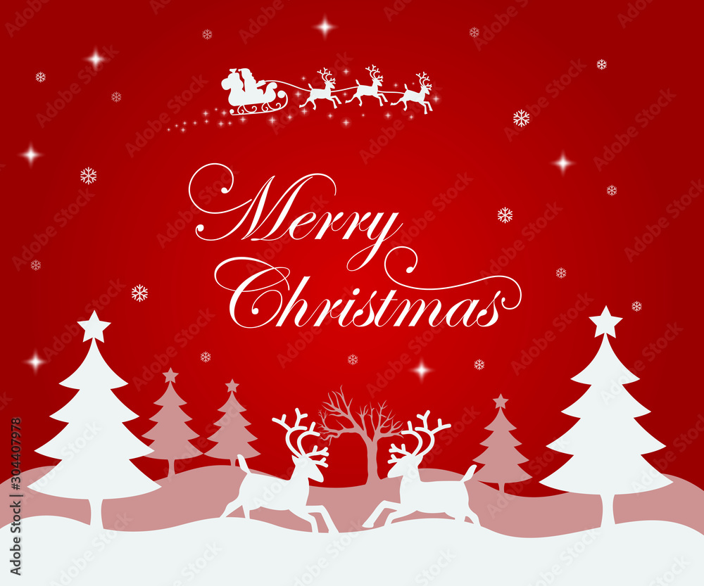 Illustration of a white christmas tree and two deer around it. Santa claus is flying in the sky. Christmas decoration with snowflakes. Illustration of a white christmas tree and two deer around it. Santa claus is flying in the sky. Christmas decoration with snowflakes.