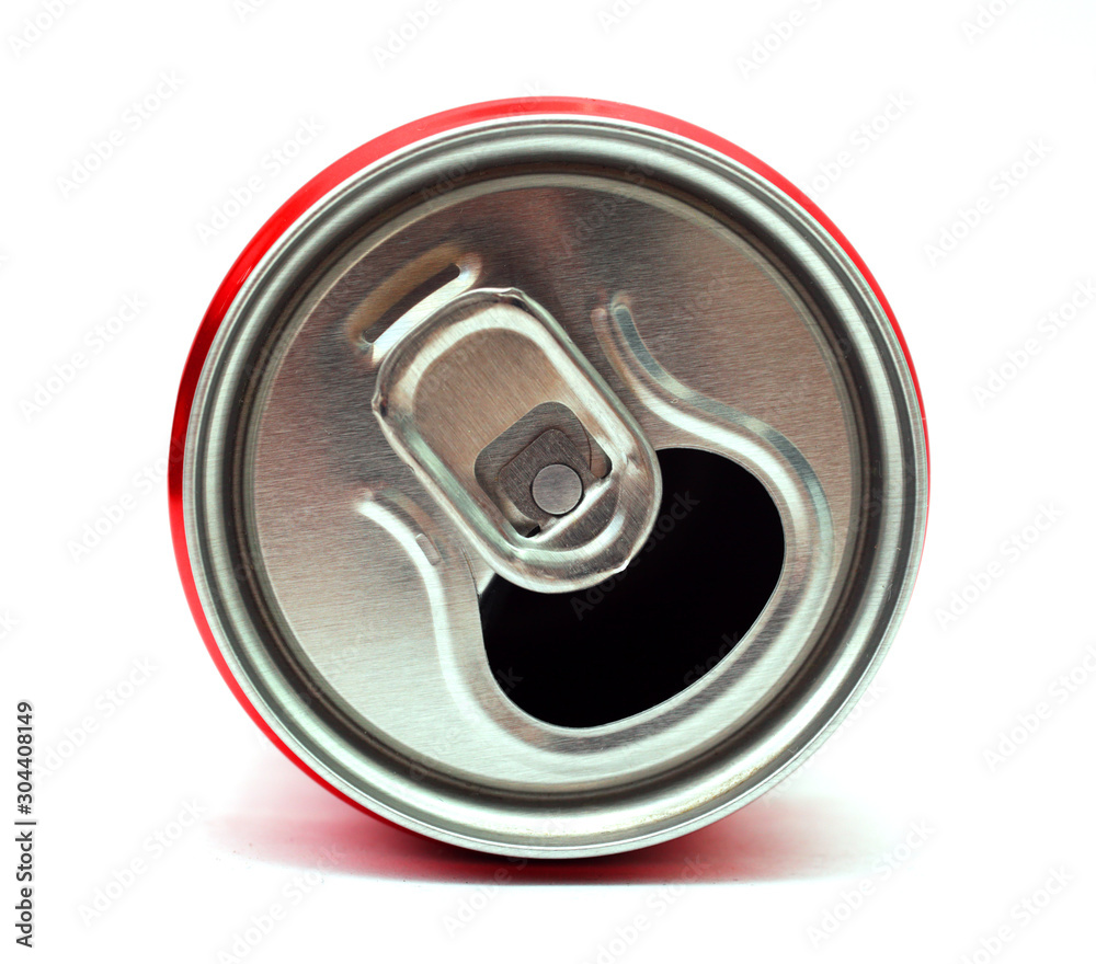 open metal can from a carbonated drink, white background, macro open metal can from a carbonated drink, white background, macro