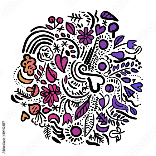 World Environment Day. Round ornamental illustration. Planet Earth, small nature, ecology, bio, eco symbols to celebrate the ecosystem. Calligraphic flowers, heart, birds, black outline, gradient