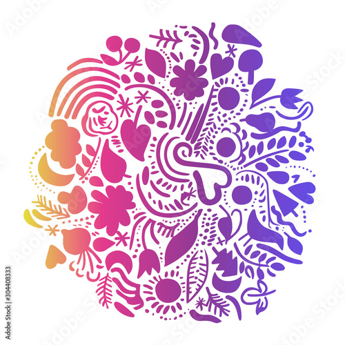Calligraphic round illustration of planet Earth made of small nature  ecology related symbols to celebrate  support ecosystem. World Environment Day cause. Flowers  leaves  bird  heart shape in ink