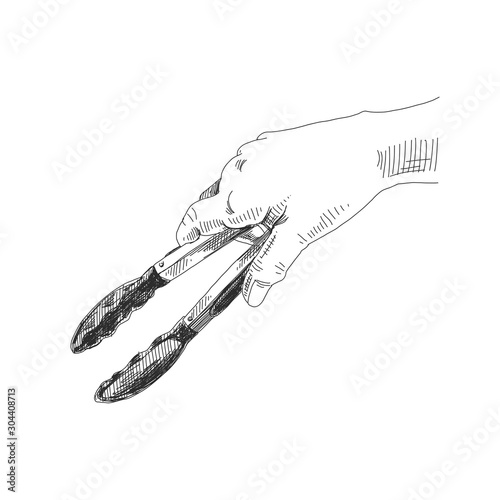 Hands with Kitchen tongs hand drawn illustration