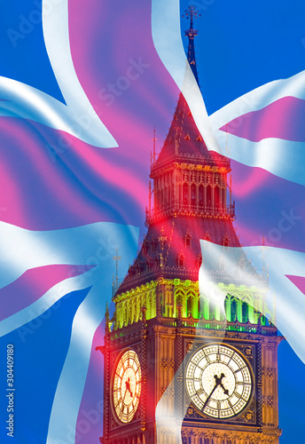 Composite image of Westminster Big Ben Union Jack Flag for Politics UK General Election 2019