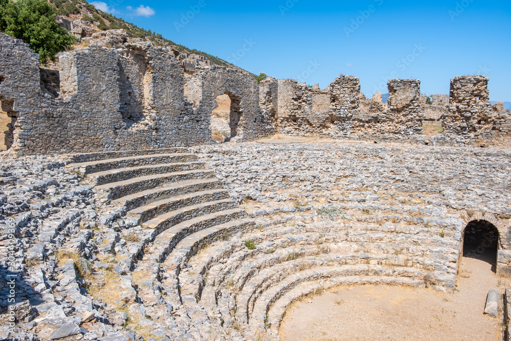 Amphitheater in ancient Roman city Anemurium in Anamur, Mersin, Turkey.