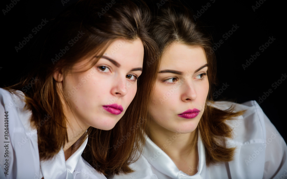 Femininity. Reflexion girl looking in mirror. Appearance concept. Beauty treatment and skin care concept. Woman makeup face pink lips. Beauty salon. Makeup artist. Daily style makeup. Pretty lady Femininity. Reflexion girl looking in mirror. Appearance concept. Beauty treatment and skin care concept. Woman makeup face pink lips. Beauty salon. Makeup artist. Daily style makeup. Pretty lady