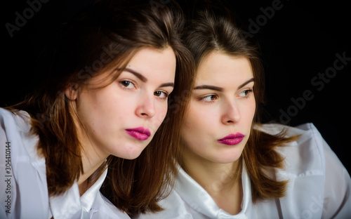 Femininity. Reflexion girl looking in mirror. Appearance concept. Beauty treatment and skin care concept. Woman makeup face pink lips. Beauty salon. Makeup artist. Daily style makeup. Pretty lady