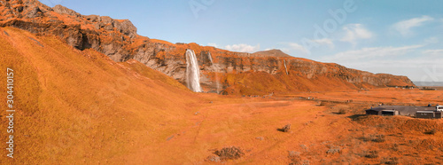 Drone perspective of Seljalandfoss Waterfalls in summer season, Iceland