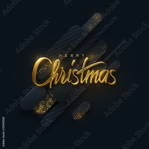 Merry Christmas. Vector holiday illustration. Festive golden 3d lettering on black papercut background. Geometric shapes textured with glitters. Festive banner design. Christian religious event sign