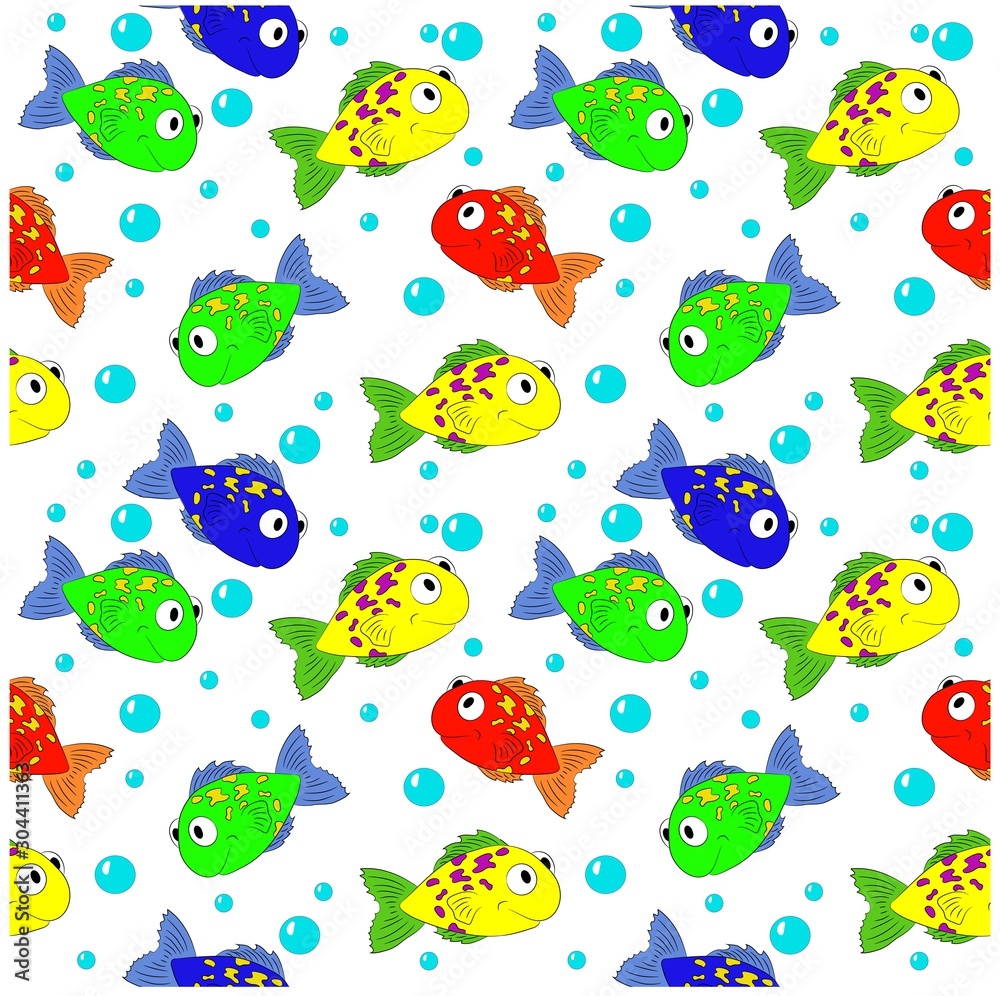  vector illustration pattern funny kids fish in different colors on a white background