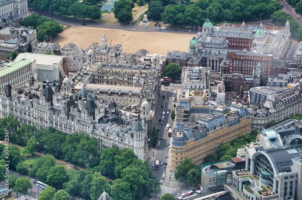 Aerial view of London buildings and city park from a high vantage point