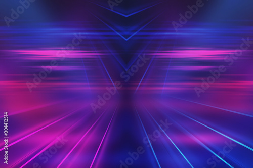 Empty background scene. Dark street reflection on wet asphalt. Rays of neon light in the dark  neon shapes  smoke. Background of an empty stage show. Abstract dark background.