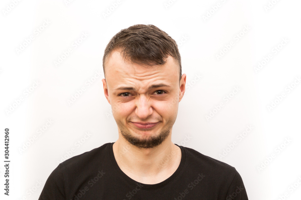 emotion worried, young man in a black cap on a white background, man emoji emotion worried, young man in a black cap on a white background, man emoji