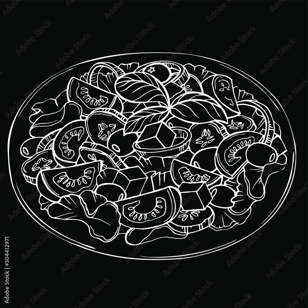Hand drawn sketch of fresh salad with greens, olives, cherry tomatoes, onions, cheese and cucumber. Organic food. Vector illustration on black background.