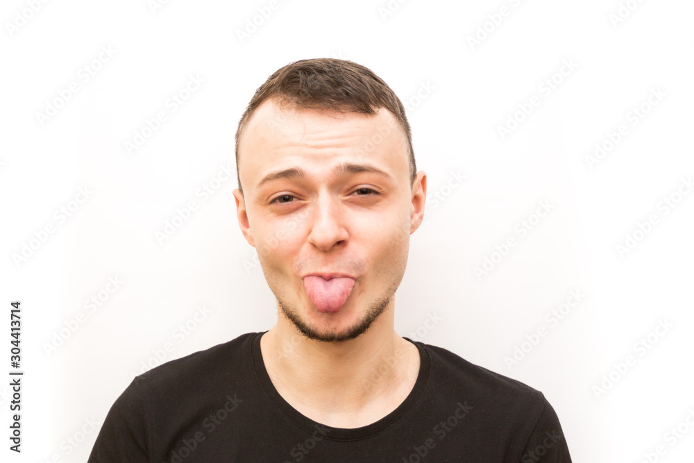 emotion stuck out tonge, young man in a black cap on a white background, man emoji emotion stuck out tonge, young man in a black cap on a white background, man emoji