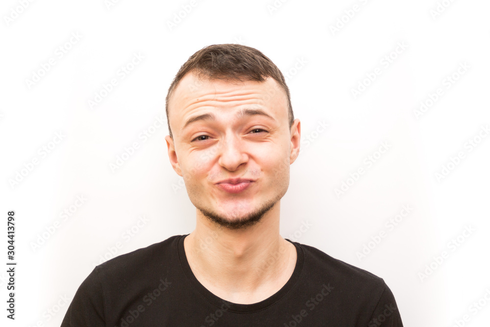 emotion kissing smiling eyes, young man in a black cap on a white background, man emoji emotion kissing smiling eyes, young man in a black cap on a white background, man emoji