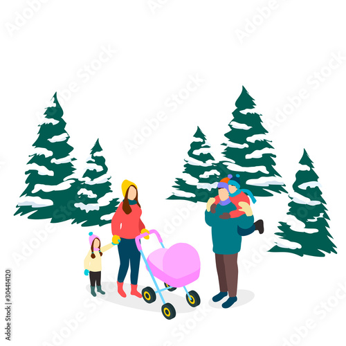Vector isometric caucasian family with two children and a stroller in winter clothing outdoors in the forest