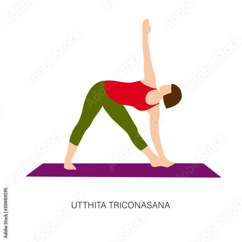 Yogi woman in Utthita triconasana or Elongated Triangle pose. Female cartoon character practicing Hatha yoga. Girl demonstrating exercise during gymnastics training. Flat vector illustration.