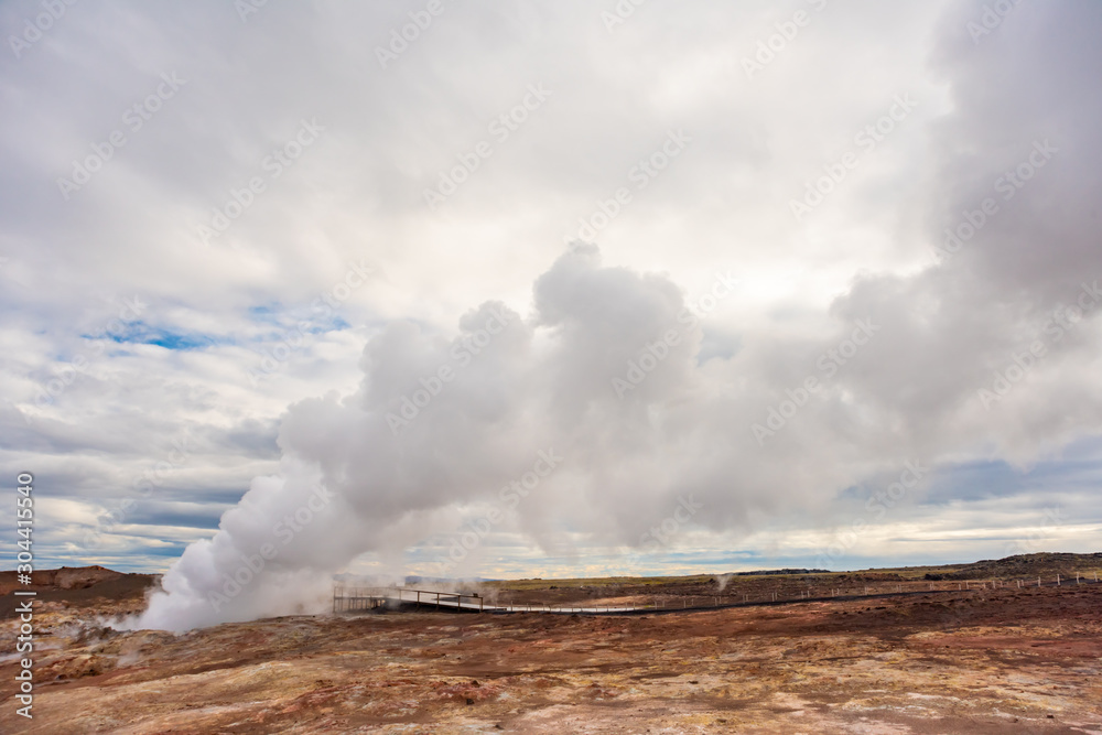 Gunnuhver Hot Springs spectacular landscape with steam from geothermal hot springs in Iceland, Reykjanes