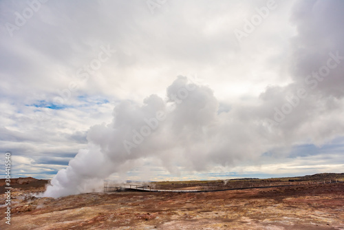 Gunnuhver Hot Springs spectacular landscape with steam from geothermal hot springs in Iceland, Reykjanes