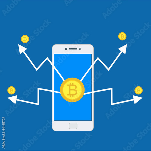 Concept Mobile bitcoin wallet and mobile payments easy to use and highly customizable. Modern vector illustration concept, isolated on colored background.