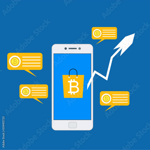 Concept Mobile bitcoin wallet and mobile payments easy to use and highly customizable. Modern vector illustration concept, isolated on colored background.