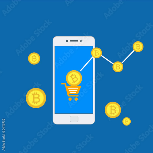 Concept Mobile bitcoin wallet and mobile payments easy to use and highly customizable. Modern vector illustration concept, isolated on colored background.