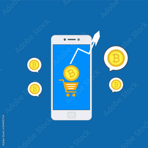 Concept Mobile bitcoin wallet and mobile payments easy to use and highly customizable. Modern vector illustration concept, isolated on colored background.