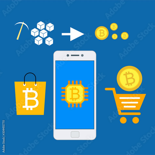 Concept Mobile bitcoin wallet and mobile payments easy to use and highly customizable. Modern vector illustration concept, isolated on colored background.