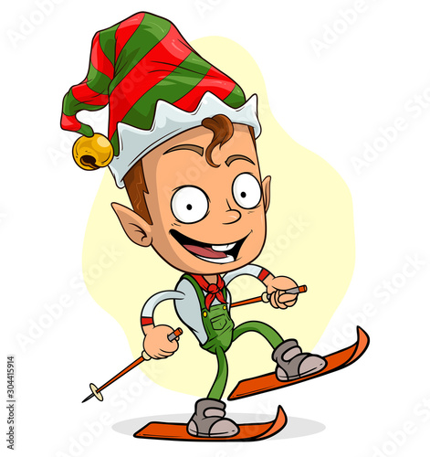 Cartoon cute funny smiling Santa Claus christmas elf in red costume and cap riding on ski. Layered vector for animations. Isolated on white background. New Year and Christmas vector icon.