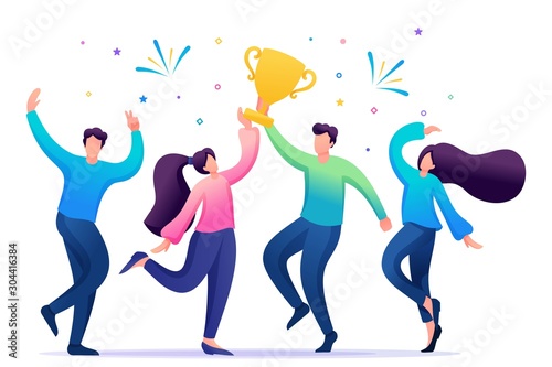 The business team celebrates success. People jump and rejoice at the prize, the Cup. Flat 2D character. Concept for web design
