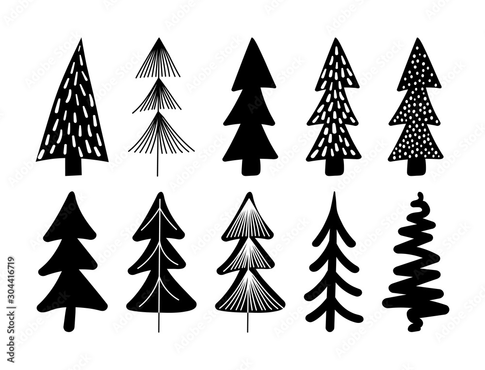 Obraz premium Set of cute hand drawn Christmas tree isolated on white background. Black stylized spruce, abstract textured fir silhouette icons collection. New Year Vector illustration for print, web, design, decor
