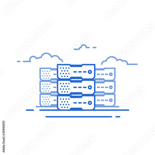 Server room rack. Line style server hardware with clouds on background. Cloud storage concept. Flat style line modern vector illustration with flat vector style.