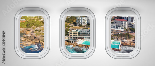 Photography Beautiful scenic city view of Bondi Beach through the aircraft windows