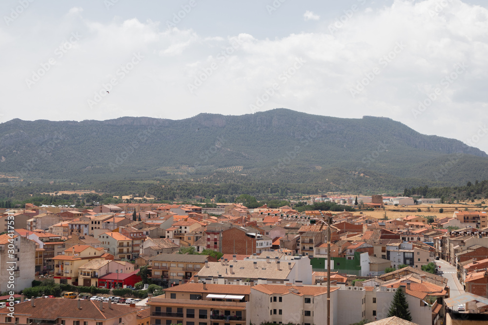 Views of the rooftops and mountain from the top of a small village (Valderrobres, Aragon, Spain)